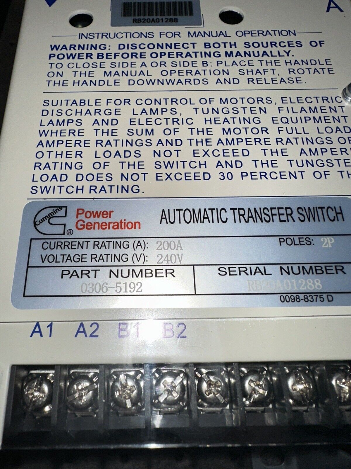 306-5192 Cummins Onan RSS200 Transfer Switch Mechanism Limit Switches Term Cover